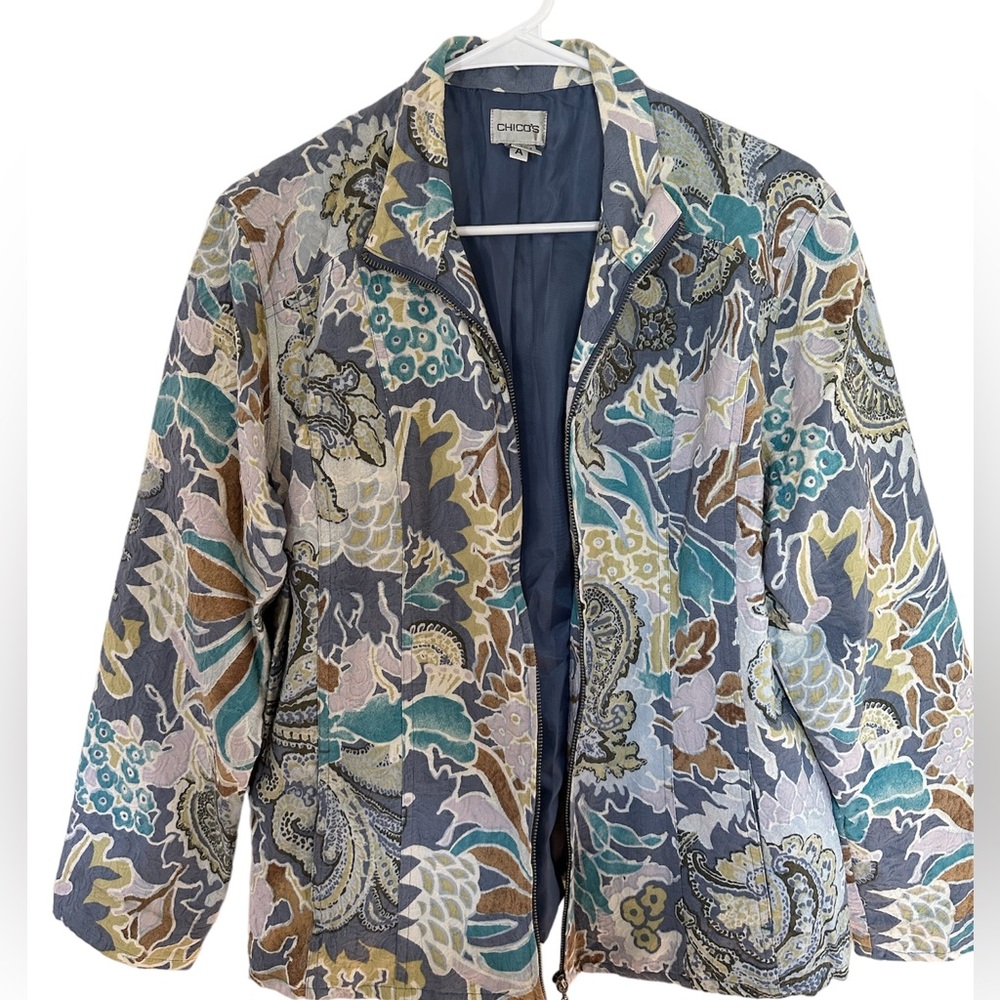 Women’s Chico’s Blue Floral Paisley Embroidered Cotton Zip Jacket size 3